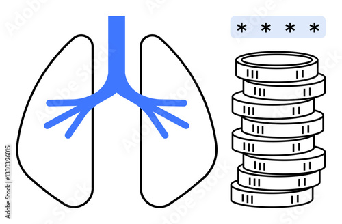 Lungs outline with blue trachea next to stacked coins and password entry box. Ideal for healthcare costs, insurance, budgeting, medical finance, data security, economic health, flat simple metaphor