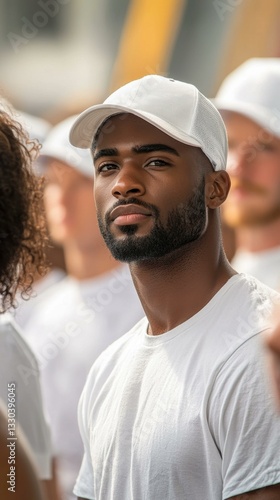 Focused young man volunteers with group, wearing white tees and hats, volunteering together, community work, civic engagement, giving back, humanitarian aid, youth service.