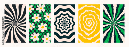 Abstract psychedelic retro pattern set. Groovy Trendy backgrounds in abstract y2k style. Vector graphic for posters and art prints.