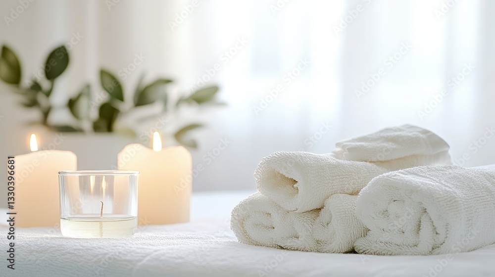 Serene Spa Setting: White Towels, Candles, and Greenery Serene Spa Setting: White Towels, Candles, and Greenery