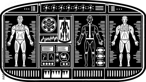 Cyborg Augmentation Status: A futuristic body interface showcasing various cyborg augmentations with real-time health and functionality updates.