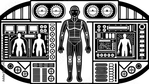 Cyborg Augmentation Status: A futuristic body interface showcasing various cyborg augmentations with real-time health and functionality updates.