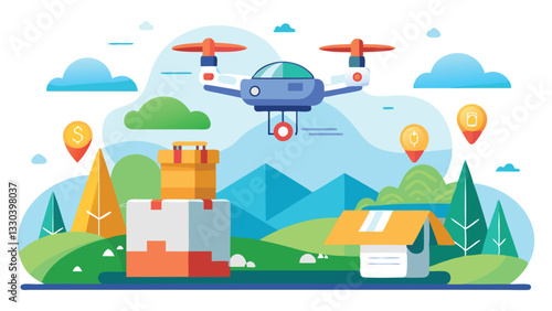 Vector illustration showcasing a drone flying over a colorful landscape with houses, trees, and storage facilities during a sunny day