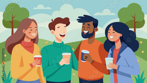 The lively banter and laughter of a group of friends gathered at a local park sipping on small cups of Cuban coffee as they catch up on life.. Vector illustration