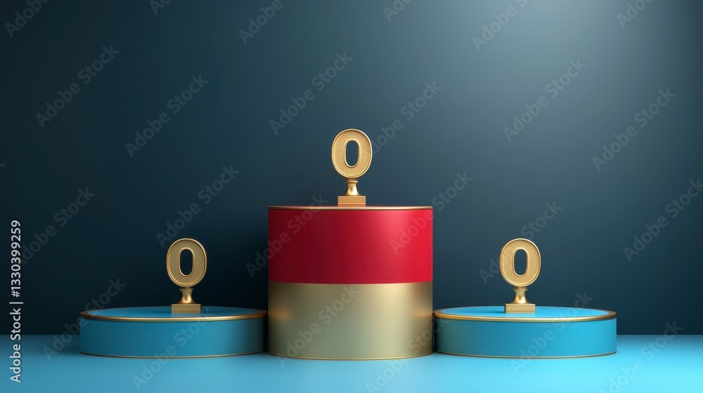 Colorful podium display with golden trophies against a blue background Colorful podium display with golden trophies against a blue background
