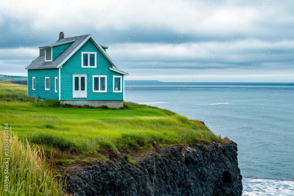 Colorful coastal house on grassy cliff overlooking calm ocean under cloudy sky with peaceful scenic sea view Colorful coastal house on grassy cliff overlooking calm ocean under cloudy sky with peaceful scenic sea view