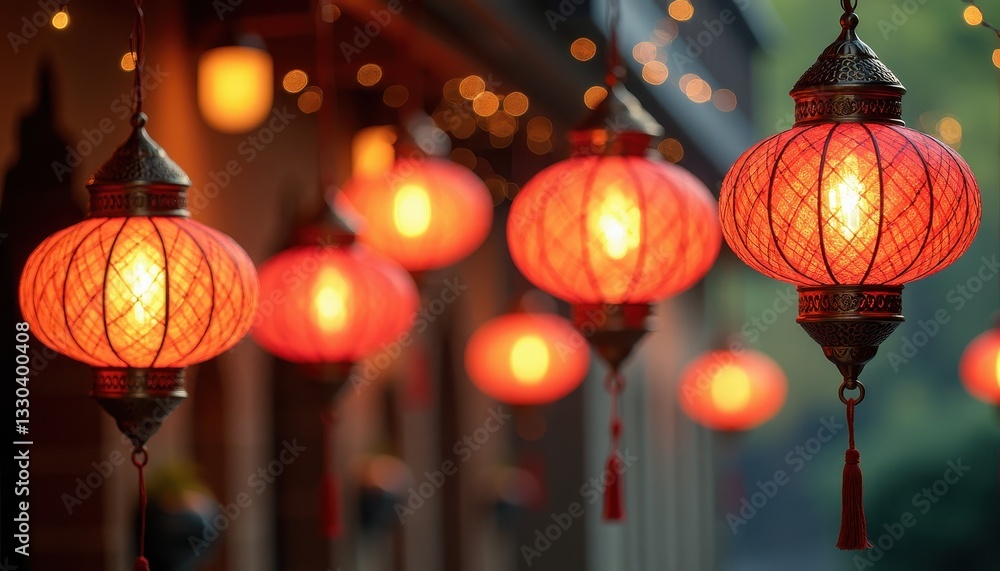 Eid Ul Vida and Eid Ul Adha Celebration: m Lanterns Creating Cozy Atmosphere. A row of red lanterns hanging from a string of lights. Eid Ul Vida and Eid Ul Adha Celebration: m Lanterns Creating Cozy Atmosphere. A row of red lanterns hanging from a string of lights.
