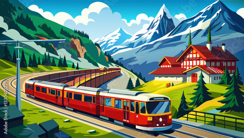 Famous electric red tourist panoramic train in swiss village Lungern, canton of Obwalden, Switzerland