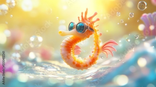 Cute seahorse with sunglasses in a bubbly underwater scene