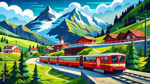 Famous electric red tourist panoramic train in swiss village Lungern, canton of Obwalden, Switzerland