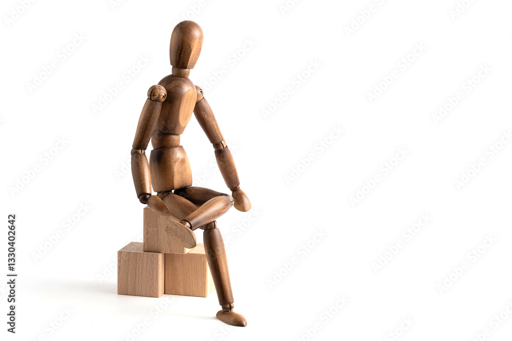Wooden figure mannequin sitting on wooden box is highlighted on white background. Wooden figure mannequin sitting on wooden box is highlighted on white background.