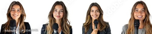 Young woman journalist with a mic on transparent background collection set