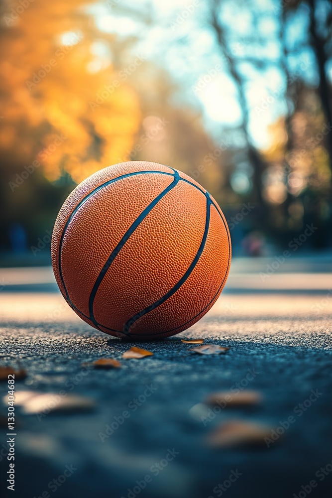 A basketball on a street, illuminated by soft afternoon sunlight, suggesting a game nearby. A basketball on a street, illuminated by soft afternoon sunlight, suggesting a game nearby.