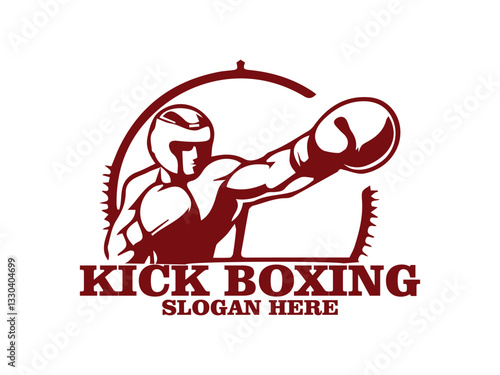 illustration kick boxing of a boxer in a fighting stance with raised gloves against, kick boxing  of a boxer with muscular build, raised gloves  background. Fitness and sports concept and logo vector