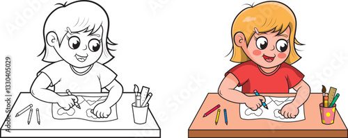 Página para colorear, niña dibujando en una hoja de papel.