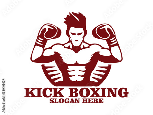illustration kick boxing of a boxer in a fighting stance with raised gloves against, kick boxing  of a boxer with muscular build, raised gloves  background. Fitness and sports concept and logo vector