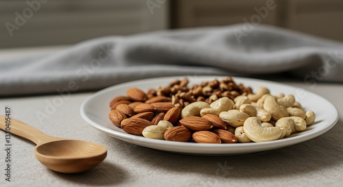Variety of Nuts on Plate with Wooden Spoon for Snacking