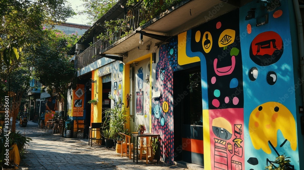 Fototapeta premium Vibrant Urban Cafe with Colorful Art and Daylight View