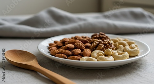 Assorted Nuts on a White Plate with Wooden Spoon Still Life