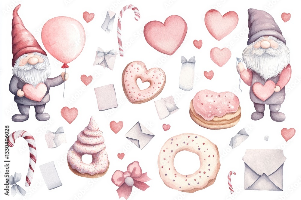 Whimsical Gnomes with Balloons, Hearts, and Sweet Treats Illustration Whimsical Gnomes with Balloons, Hearts, and Sweet Treats Illustration
