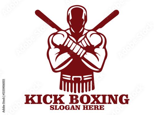illustration kick boxing of a boxer in a fighting stance with raised gloves against, kick boxing  of a boxer with muscular build, raised gloves  background. Fitness and sports concept and logo vector
