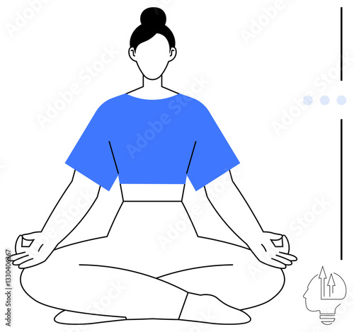 Calm woman meditating in seated lotus pose promoting mindfulness, focus, and inner peace. Ideal for wellness, yoga, mental clarity, balance, relaxation self-care and stress relief. Flat simple