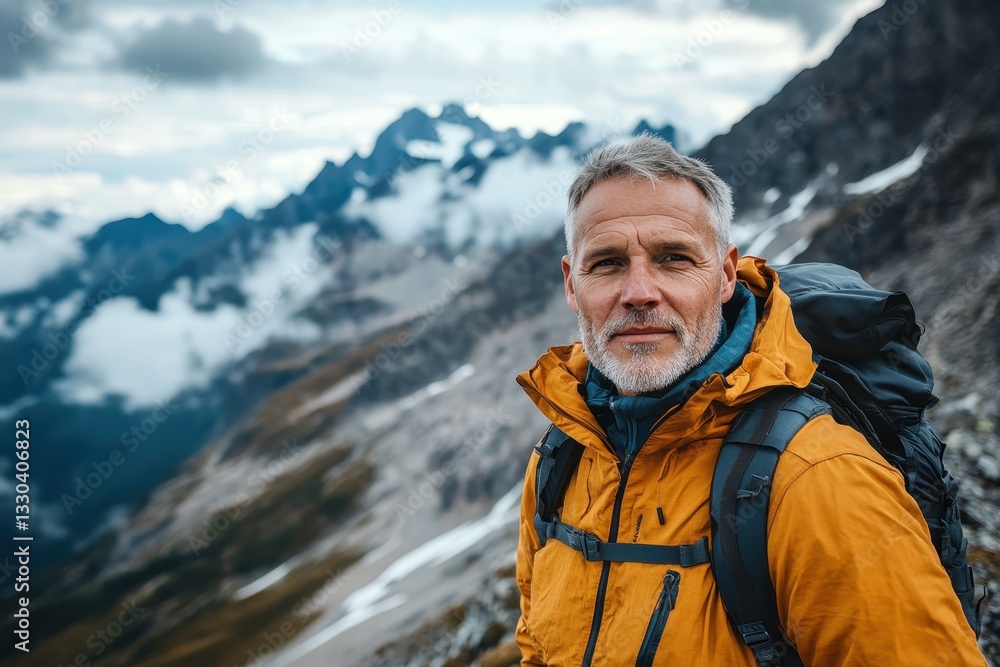Man enjoying a scenic mountain view during a cloudy day in a forested area beneath the peaks of the countryside Man enjoying a scenic mountain view during a cloudy day in a forested area beneath the peaks of the countryside