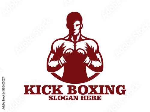 illustration kick boxing of a boxer in a fighting stance with raised gloves against, kick boxing  of a boxer with muscular build, raised gloves  background. Fitness and sports concept and logo vector