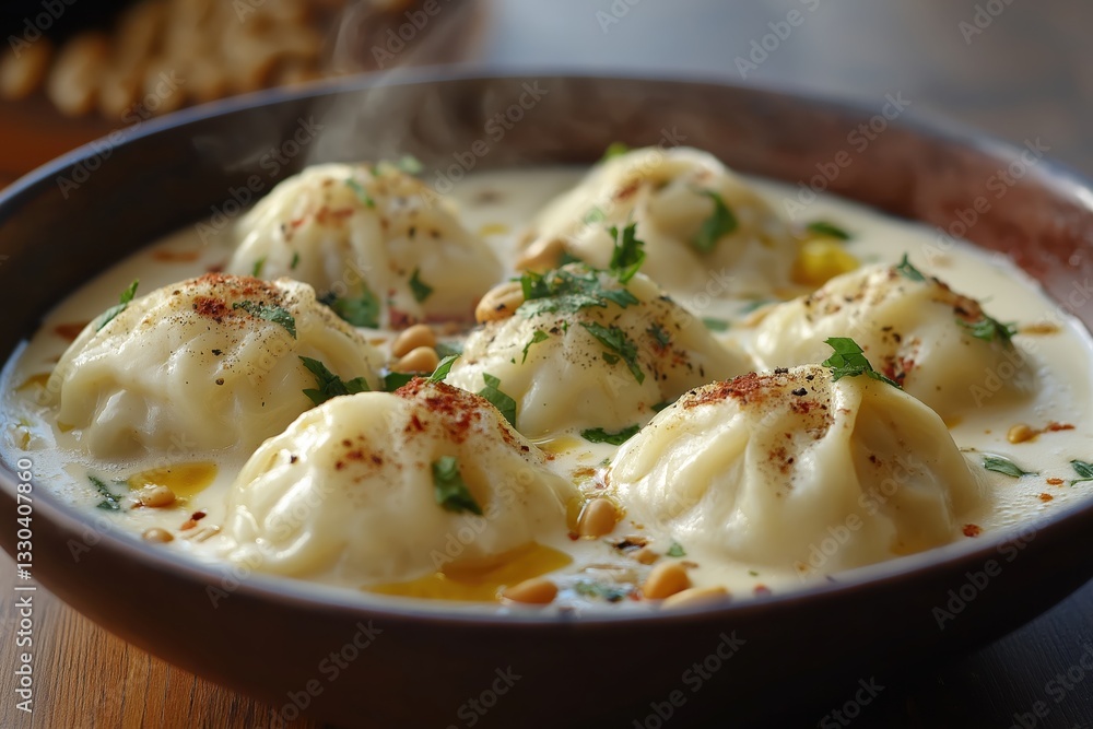 Shish Barak dumplings in creamy yogurt sauce with herbs and pine nuts Shish Barak dumplings in creamy yogurt sauce with herbs and pine nuts