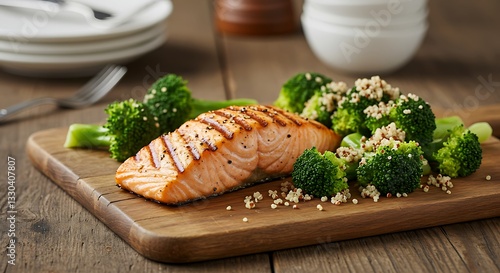 Grilled Salmon Fillet with Broccoli on Wooden Board Close-up