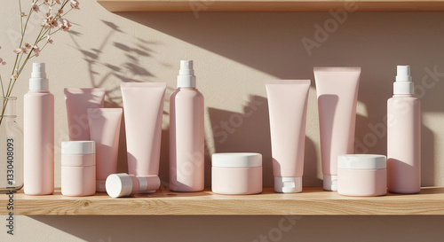 Soft pastel skincare products arranged on a wooden shelf
