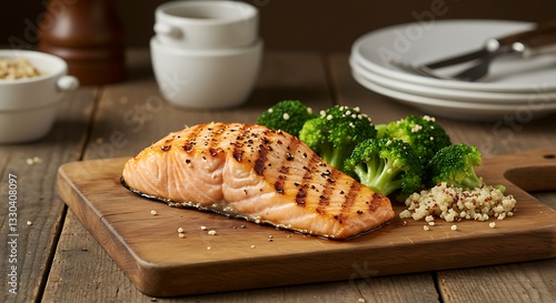 Grilled Salmon Fillet Served with Broccoli and Quinoa on Wood
