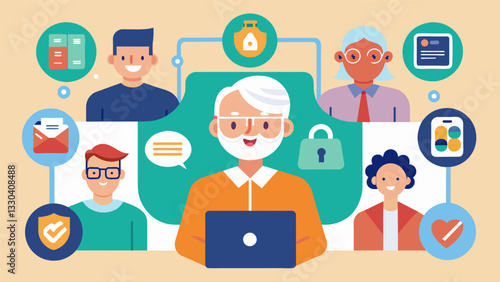A discussion on digital safety and privacy concerns for seniors and how to address and avoid potential risks.. Vector illustration