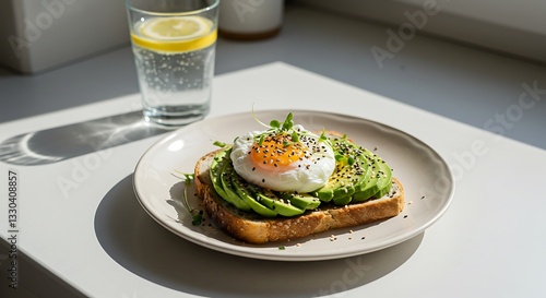 Avocado Toast with Poached Egg and Sparkling Lemon Water Brunch