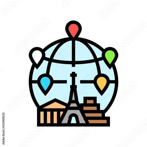 globe with landmarks geographical discoveries color icon vector illustration