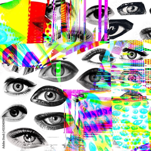 Distorted eye collage with RGB corruption and datamoshing effects. Square ratio seamless loop ideal for experimental video, cyberpunk aesthetics, and digital art.