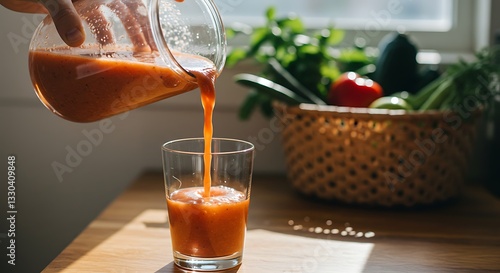 Pouring Fresh Vegetable Smoothie Into Glass in Bright Kitchen Setting