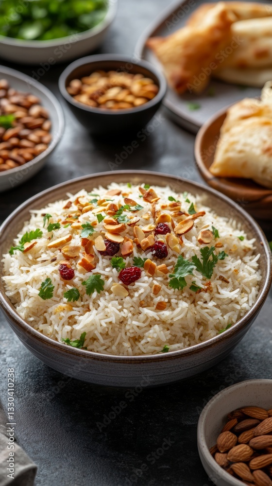 Explore the richness of Persian cuisine with saffron rice adorned with barberries and almonds, set against a backdrop of elegant Persian decor Explore the richness of Persian cuisine with saffron rice adorned with barberries and almonds, set against a backdrop of elegant Persian decor
