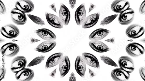 Kaleidoscope pattern of disembodied eyes in black and white. Seamless 16:9 loop perfect for paranoia themes, psychological content, and trippy visual projects.