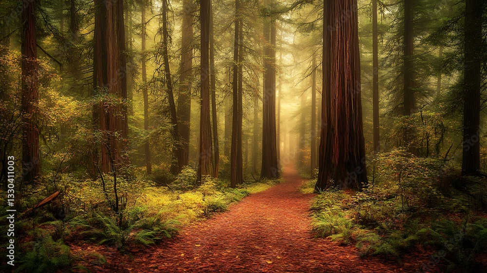 Obraz premium Majestic redwood forest shrouded in mist, with golden leaves and nature’s gentle melody