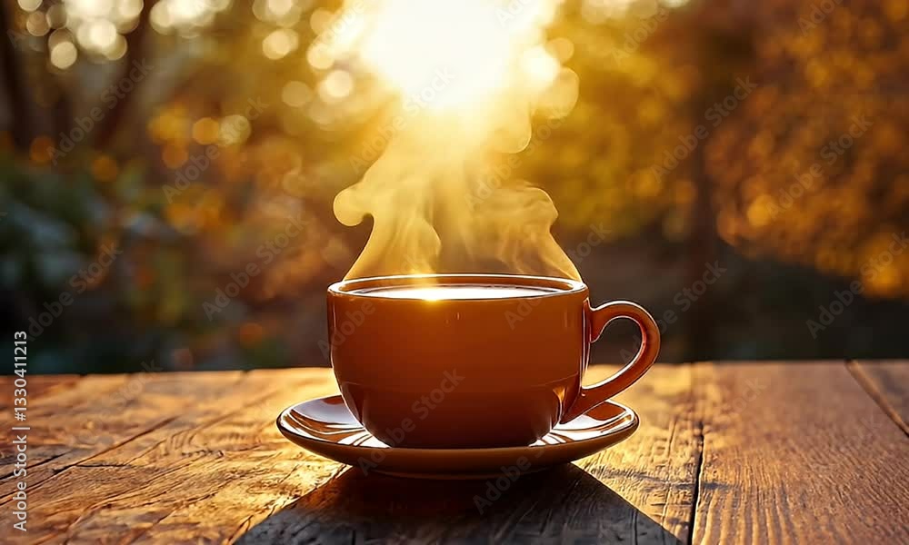Steaming Coffee Cup at Sunrise, Rustic Wooden Table
