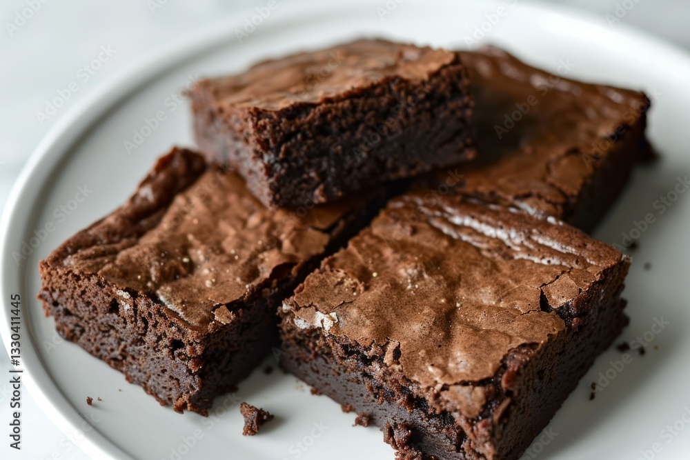 Decadent chocolate brownies on white plate. AI image Decadent chocolate brownies on white plate. AI image