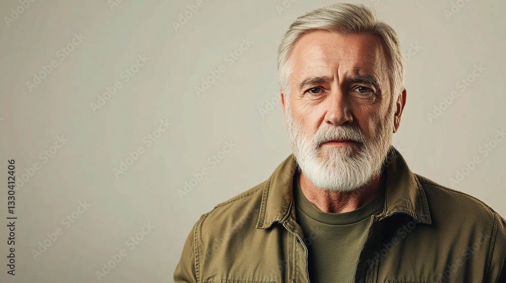Fototapeta premium Thoughtful Senior Man with Beard Posing Against Neutral Background