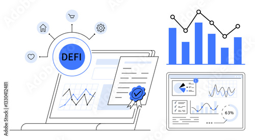 Laptop displaying smart contract approval, rising bar and pie charts, and blockchain icons. Ideal for finance, technology, investment, innovation, DeFi analytics cryptocurrency. Flat simple