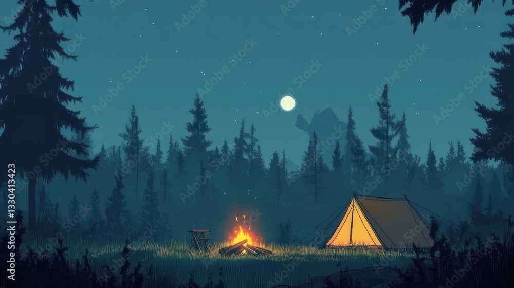 Peaceful campsite at night in a pine forest Peaceful campsite at night in a pine forest