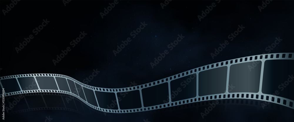Fototapeta premium Realistic film stripe wave on blue background with bright stars. Modern 3d isometric film strip in perspective. Cinema Background with film reel. Design template cinema festival banner, poster.
