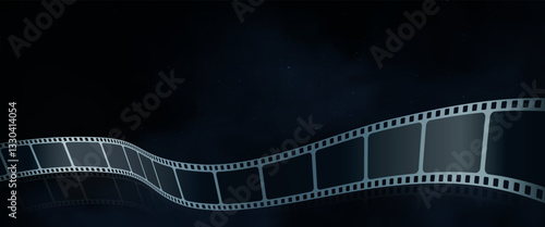 Realistic film stripe wave on blue background with bright stars. Modern 3d isometric film strip in perspective. Cinema Background with film reel. Design template cinema festival banner, poster.