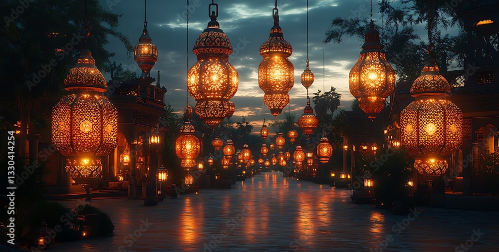 Obraz premium Ornate Lanterns Illuminating a Pathway Among Palm Trees at Dusk