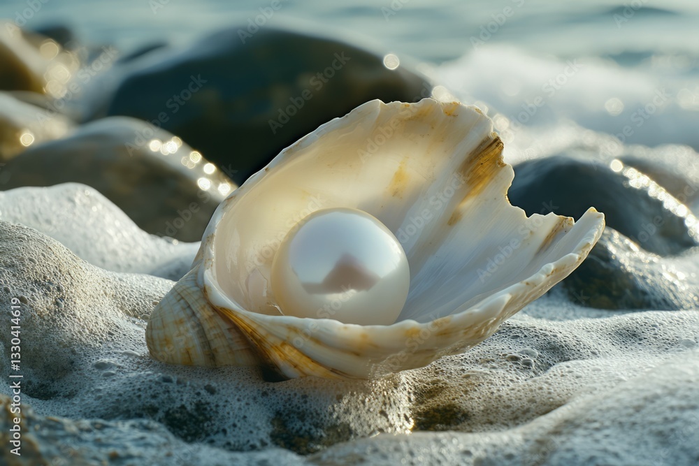 Luminous pearl in shell on shoreline rocks. AI generated