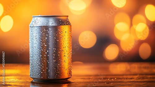 Aluminum soda can with condensation on wooden table and orange background

